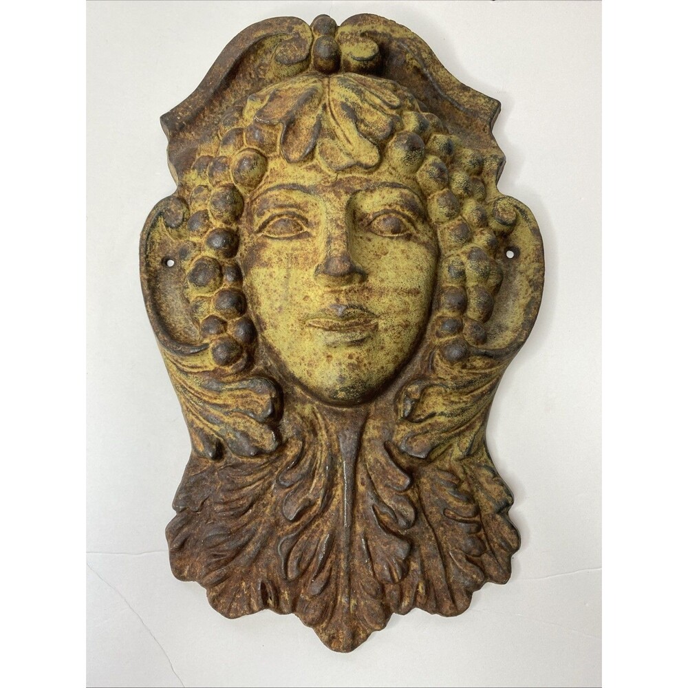 Greenlady Art Nouveau Victorian Cast Iron Face Cast Iron Wall Plaque Patina